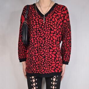 Vintage 90s Red Black Gothic Knit Sweater V Neck Grunge Oversized Small Goth